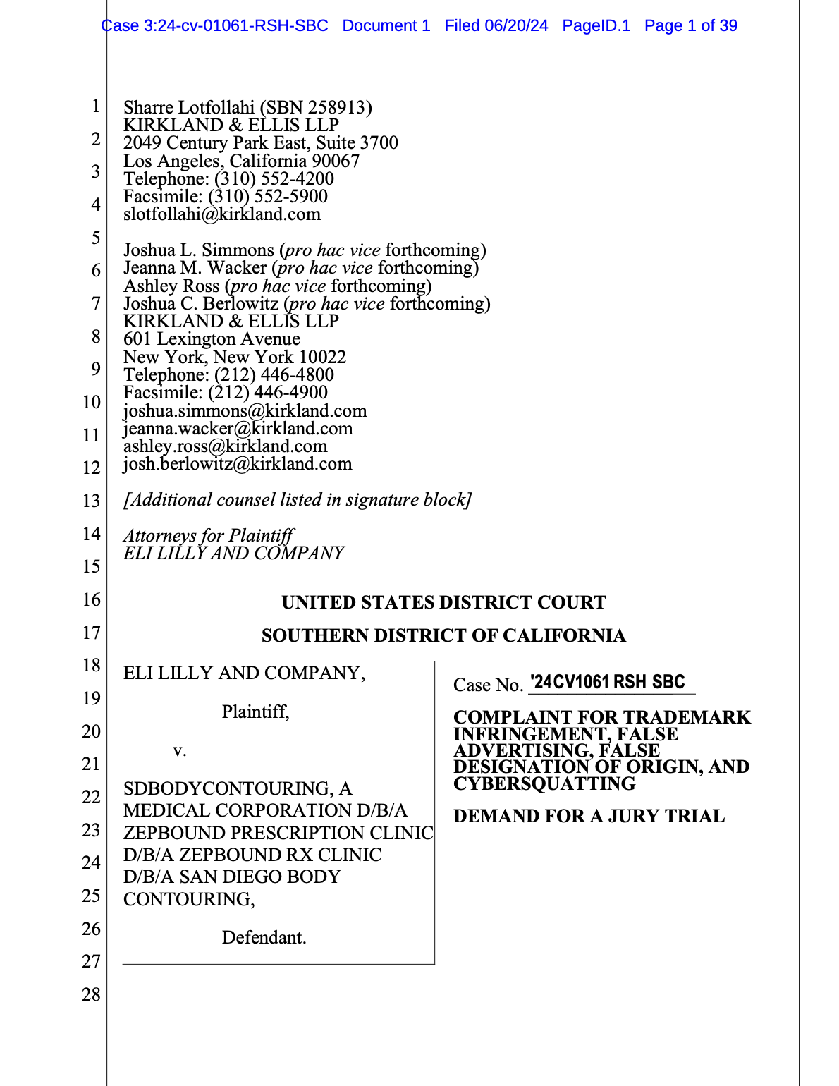<a href="https://www.safemedicines.org/wp-content/uploads/2019/09/Eli-Lilly-v-SDBodyContouring-complaint.pdf">Eli Lilly v SDBodyContouring</a><br>Filed in California, June 20, 2024