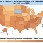 US map showing percent change in predicted 12 Month-ending Count of Drug Overdose Deaths, by Jurisdiction: April 2020 to April 2021