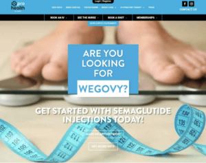 Ad showing feet on a scale and a measuring tape. Words are "Looking for Wegovy? Get started with semaglutide injections today! "
