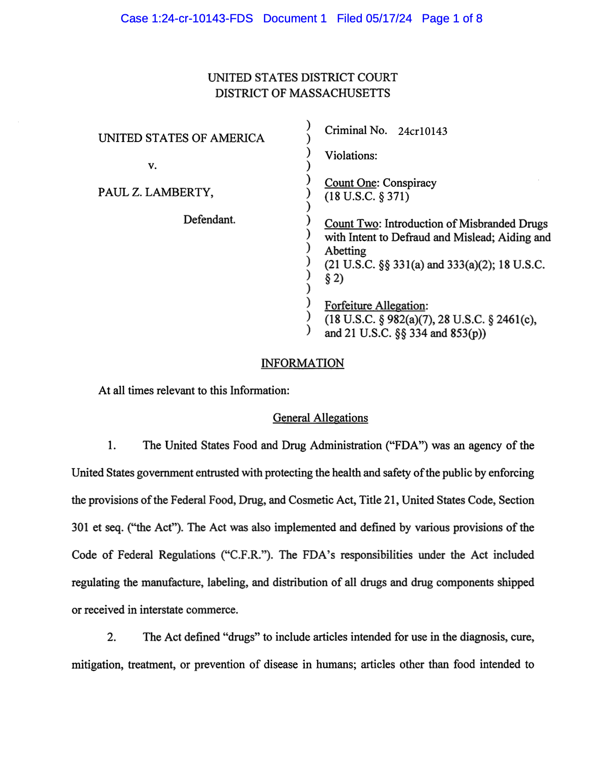 first page of the Information filed for USA v Lamberty