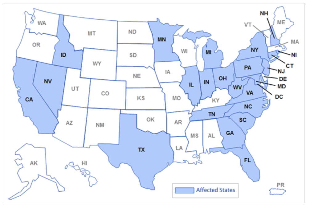 Map of US states where NECC shipped contaminated injections in 2012