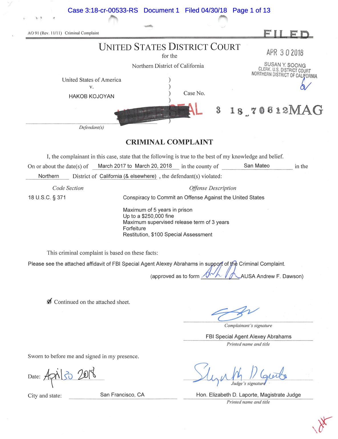 2018-04 Criminal Complaint Hakob Kojoyan