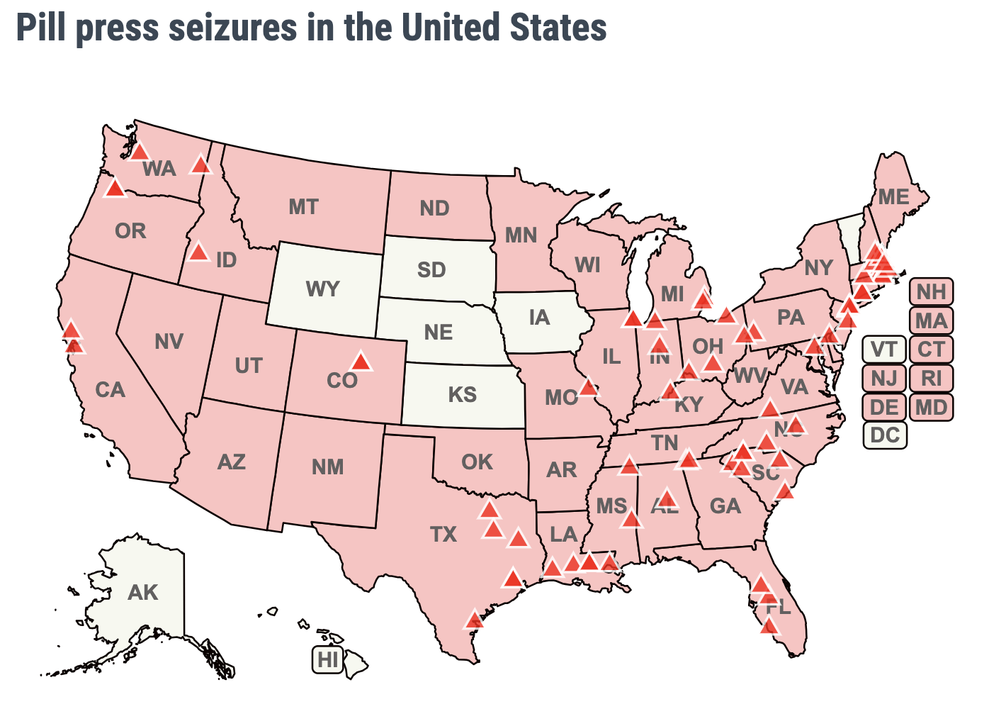 Map of pill press activity, September 2024 https://www.safemedicines.org/importation-page/illegal-pill-presses-2021-update